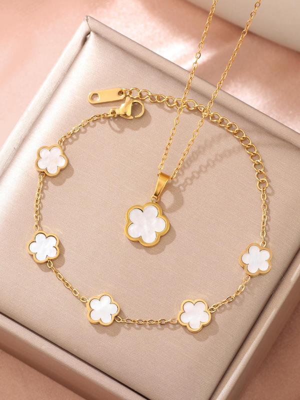 2pcs set Women's Elegant Fashion Flower Design Pendant Necklace & Bracelet, Casual Trendy Fashionable Vintage Jewelry Set for Women, Thoughtful Gift