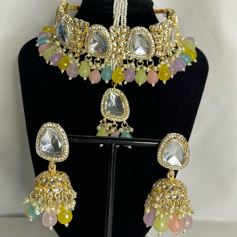 Desi Mirror Choker Set with Jhumka and Tikka