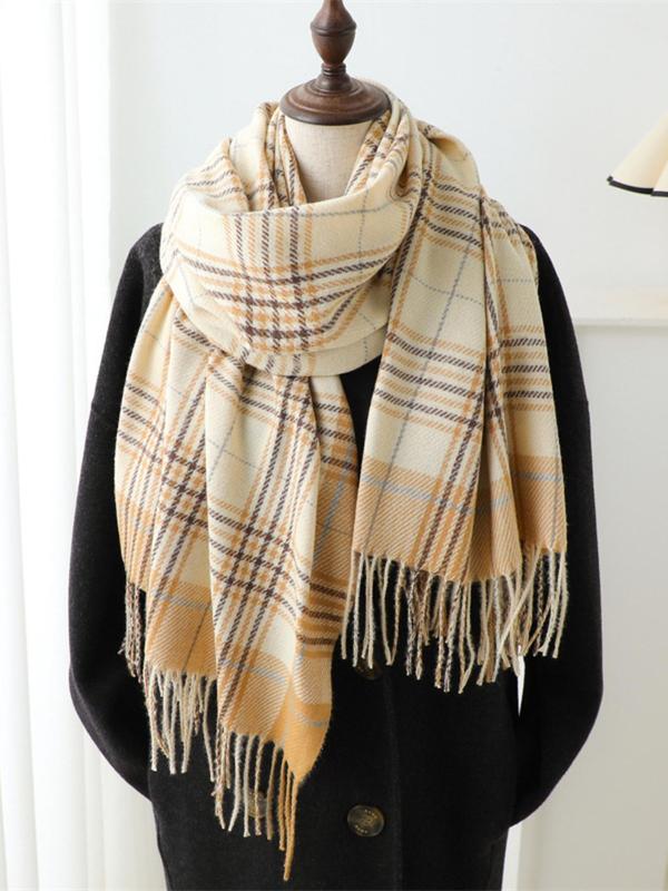 Plaid Pattern Tassel Decor Scarf, Casual Soft Warm Thickened Shawl for Women & Men, Fashion Accessories for Daily Wear