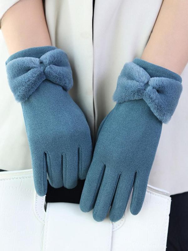 Women's Cute Bow Decorated Gloves, Fashionable Warm Gloves for Winter, Windproof Outdoor Cycling Gloves for Women & Girls