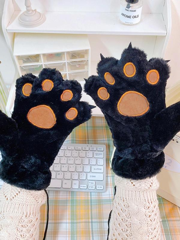 Cute Bear Paw Design Plush Gloves, Colorblock Warm Gloves for Women & Men, Fashion Accessories for Fall & Winter