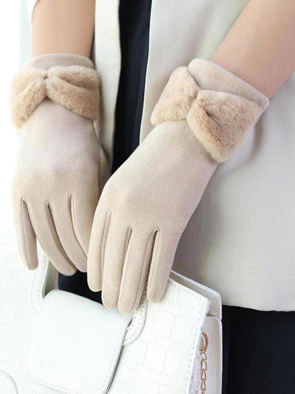 Women's Cute Bow Decorated Gloves, Fashionable Warm Gloves for Winter, Windproof Outdoor Cycling Gloves for Women & Girls