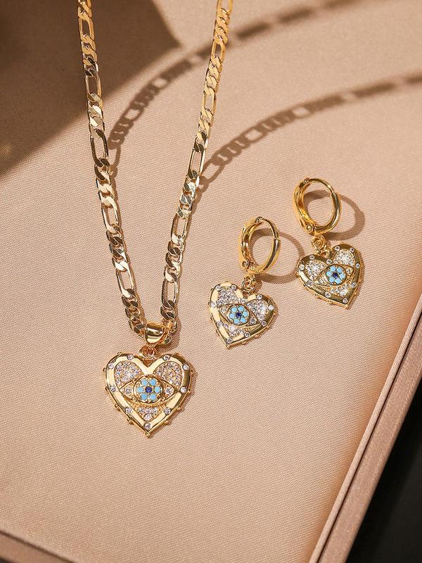 Women's Elegant Rhinestone Decorated Heart Design Pendant Necklace & Dangle Earrings, Exquisite Trendy Jewelry Set, Fashionable Accessories for Daily & Party Decoration