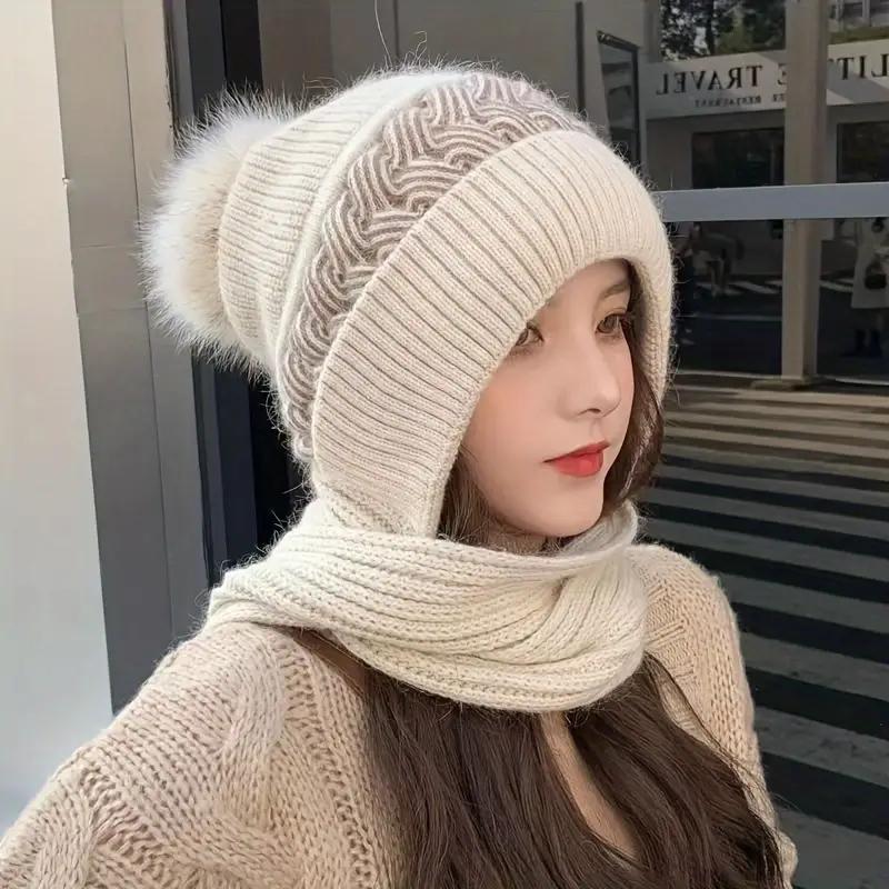 Winter Warm Knit Hat & Scarf Set, Soft Knit Ear Protection Neck Warmer, Multifunctional One-piece Fashion Accessories for Women & Girls, Christmas Gift