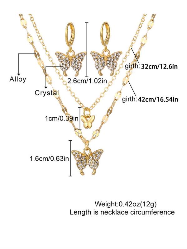 Butterfly Design Rhinestone Decor Adjustable Layered Necklace & Dangle Earrings, Elegant Jewelry Set for Women, Trendy All-match & Exquisite Jewelry As Gift