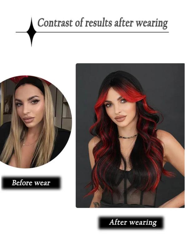 24 Inch Long Wavy Highlight Red Wigs for Women, Gorgeous Fluffy Wigs with Curtain Bangs, Synthetic Full Machine Wigs for Party, Daily Use