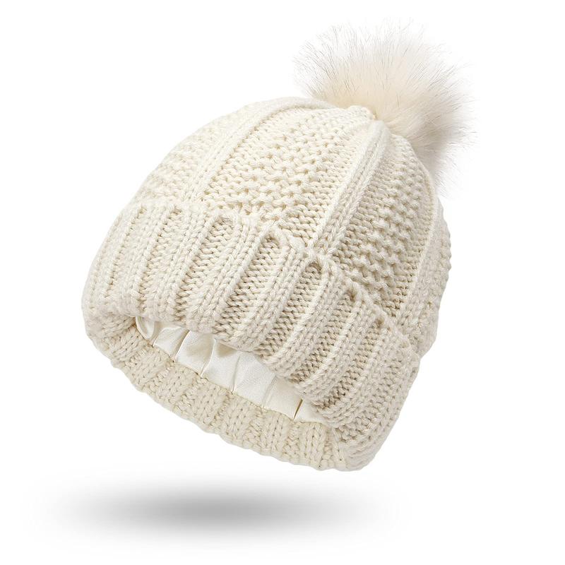 Womens Winter Beanie Hat, Silk Satin Lined Faux Fur Pom Pom Beanies Hat for Women Girls Fashionable Cuffed Warm Winter Knit Skull Cap