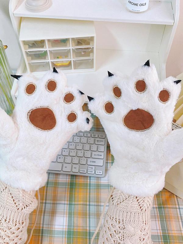 Cute Bear Paw Design Plush Gloves, Colorblock Warm Gloves for Women & Men, Fashion Accessories for Fall & Winter