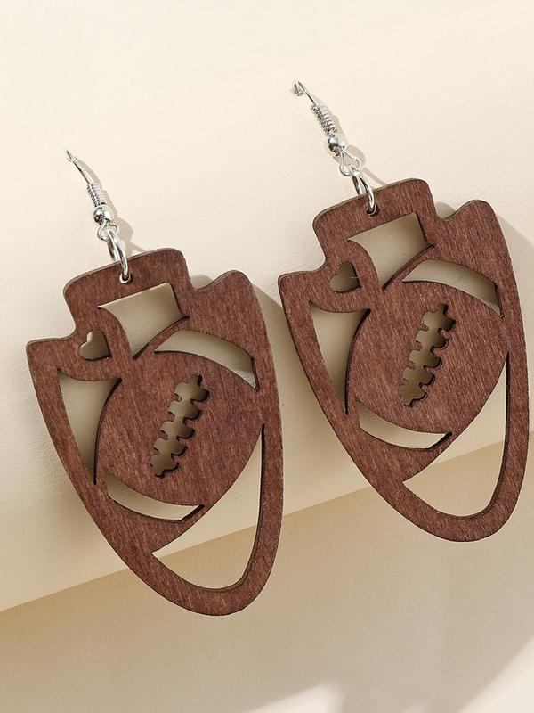 Wooden Football Shaped Dangle Earrings As Gift for Girlfriend, Fall Casual Sports Vintage Jewelry, Trendy Women Accessories for Party and Daily Life, Thoughtful Gift for Her