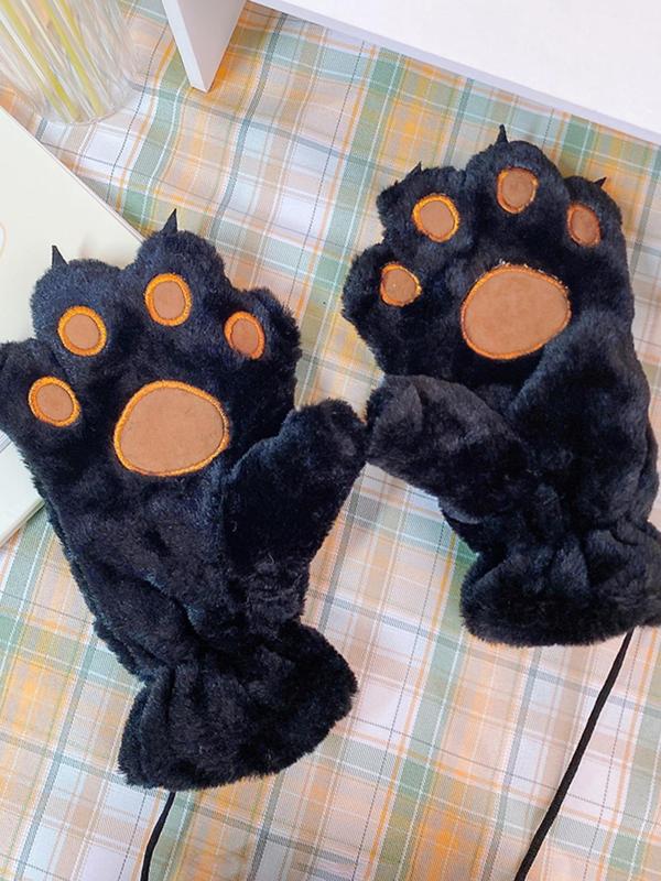 Cute Bear Paw Design Plush Gloves, Colorblock Warm Gloves for Women & Men, Fashion Accessories for Fall & Winter