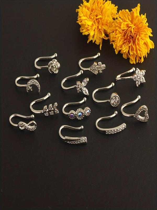 Fashionable Rhinestone Decor Nose Cuff, 12pcs Heart & Star & Leaf & Butterfly Design Non Piercing Nose Ring, Trendy Exquisite Jewelry for Birthday Gift