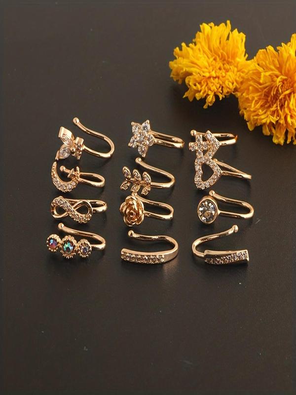 Fashionable Rhinestone Decor Nose Cuff, 12pcs Heart & Star & Leaf & Butterfly Design Non Piercing Nose Ring, Trendy Exquisite Jewelry for Birthday Gift