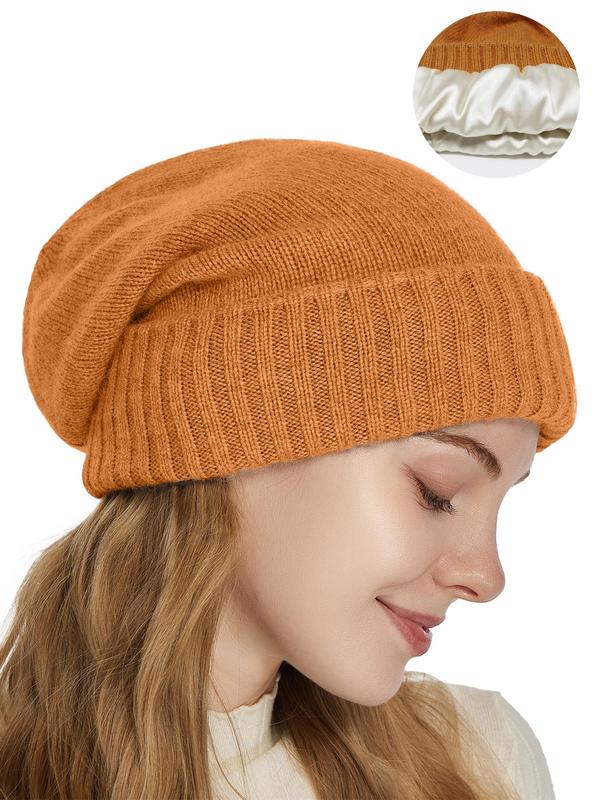 Solid Color Cashmere Wool Blend Satin Lining Beanie Hat, Casual Soft Warm Knit Hat for Fall & Winter, Fashion Accessories for Both Men & Women