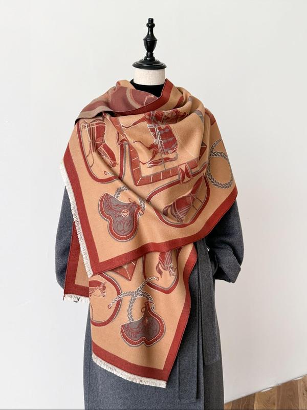 Double Sided Horse Print Tassel Decor Shawl, Casual Warm Long Scarf for Fall & Winter, Fashion Accessories for Women & Men