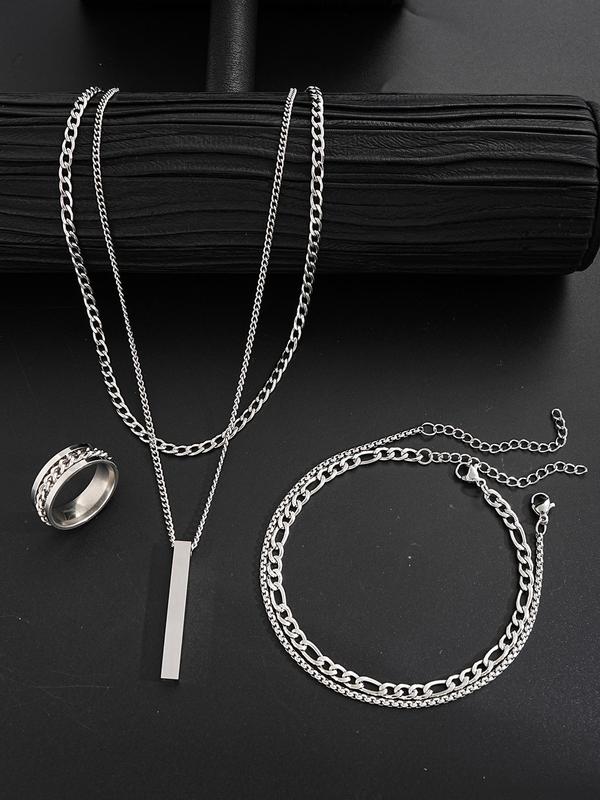 Punk Style Stainless Steel Jewelry Set (4pcs), Including Geometric Pendant Necklace & Ring & Chain Bracelet, Fashion Accessories for Men