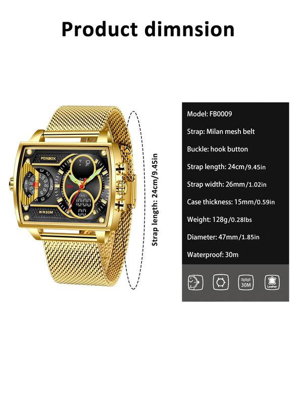 Men's Business Fashion Rectangular Dial, Analog-digital Luminous Quartz Watch, Casual Waterproof Watch, Trendy Watch for Daily Use As Gift with Box