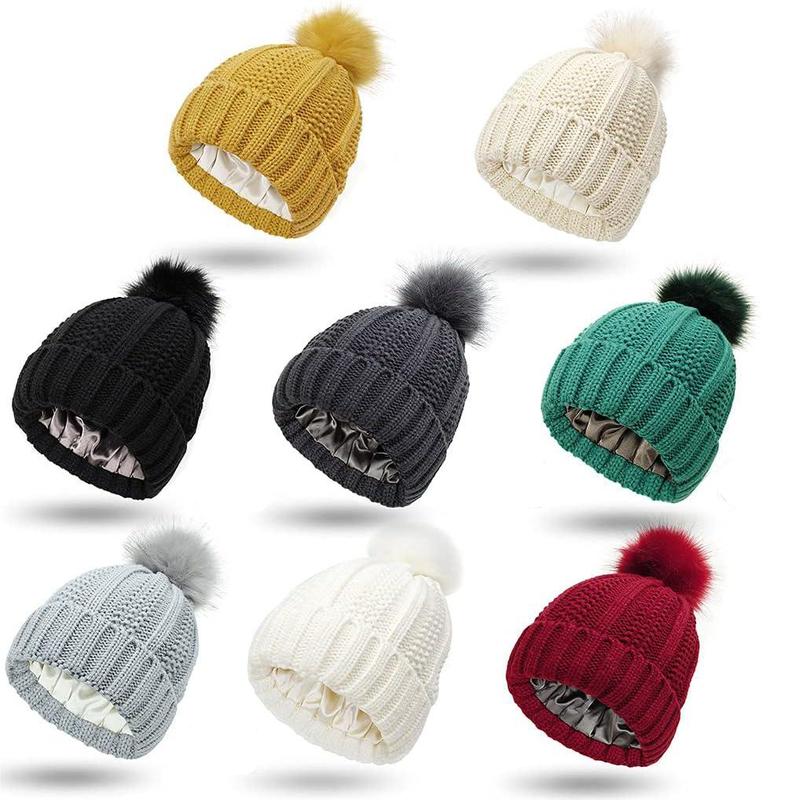 Womens Winter Beanie Hat, Silk Satin Lined Faux Fur Pom Pom Beanies Hat for Women Girls Fashionable Cuffed Warm Winter Knit Skull Cap