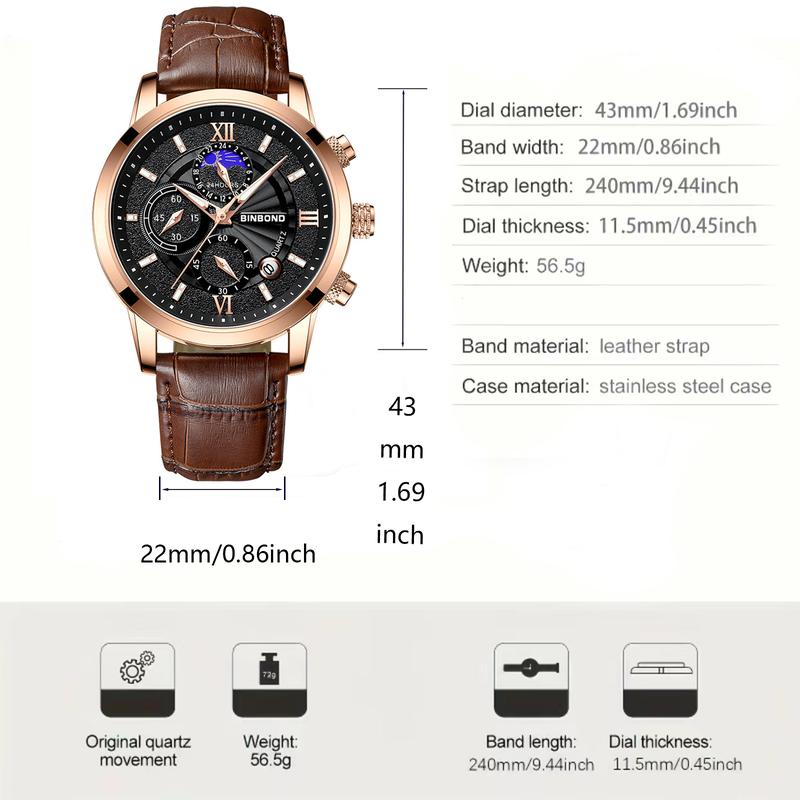 BINBOND Business Outdoor Fashion Waterproof Quartz Men's reloj para hombre s and a cool watches Dial Quartz Watch Men's Round Men's Leather