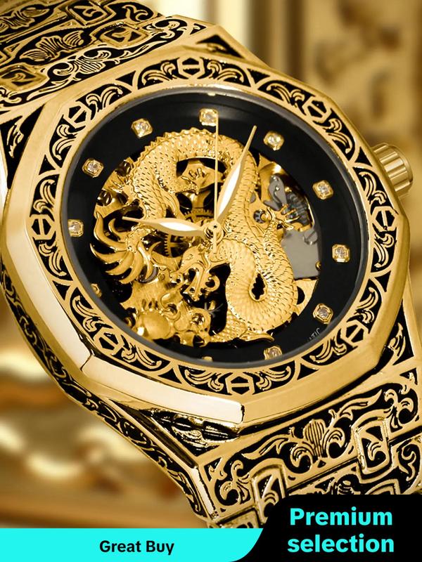 Men's Vintage Dragon Design Mechanical Watch, Fashion Luminous Watch for Party, Daily Clothing Decor, Trendy All-match & Exquisite Watch for Birthday Gift with Box Watches For Men