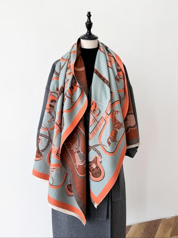 Double Sided Horse Print Tassel Decor Shawl, Casual Warm Long Scarf for Fall & Winter, Fashion Accessories for Women & Men