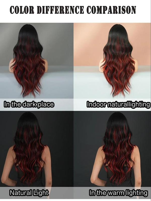 24 Inch Long Wavy Highlight Red Wigs for Women, Gorgeous Fluffy Wigs with Curtain Bangs, Synthetic Full Machine Wigs for Party, Daily Use