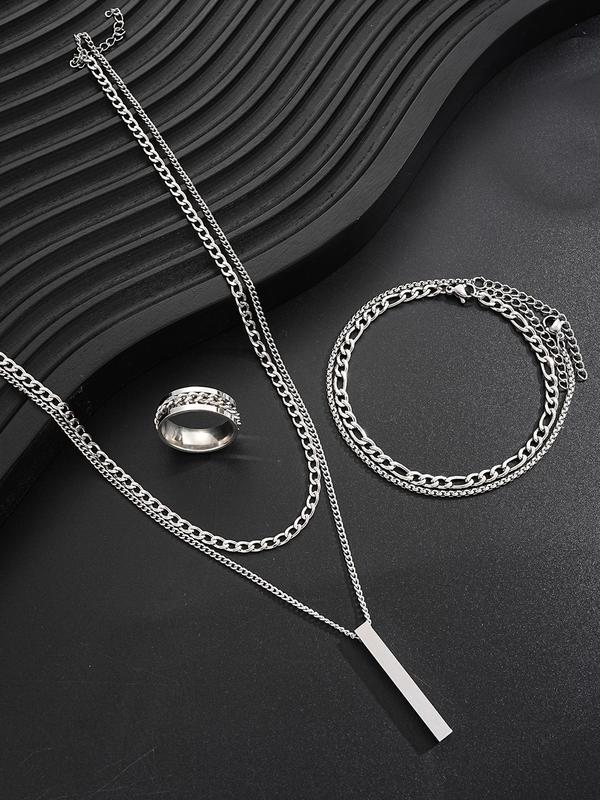 Punk Style Stainless Steel Jewelry Set (4pcs), Including Geometric Pendant Necklace & Ring & Chain Bracelet, Fashion Accessories for Men