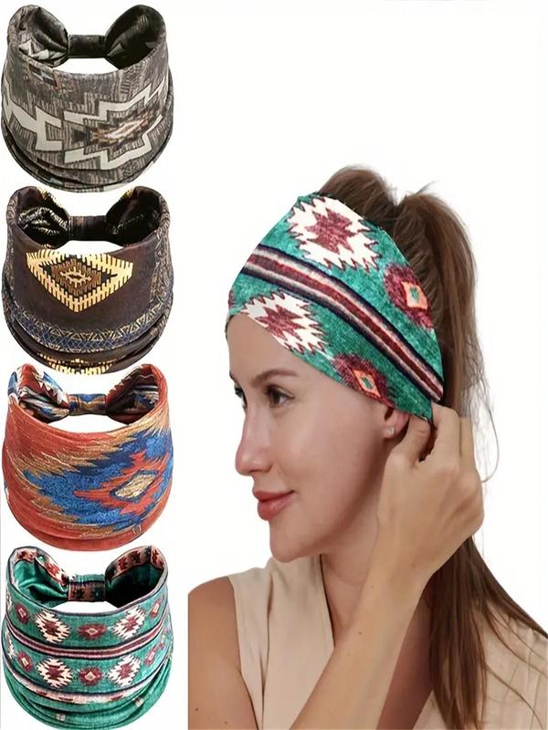 Boho Style Ethnic Pattern Hair Band, High Stretch Hair Band for Women & Girls, Fashion Hair Accessories for Gym Workout Running