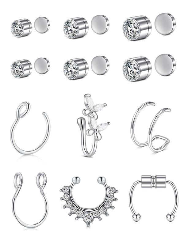 Fashionable Non-pierced Earrings & Nose Rings Set, Cute Rhinestone Decor Earrings & Nose Rings, Body Jewelry for Women & Men, Trendy All-match & Exquisite Jewelry for Birthday Gift