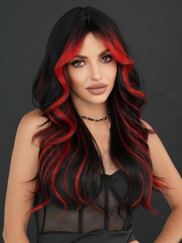 24 Inch Long Wavy Highlight Red Wigs for Women, Gorgeous Fluffy Wigs with Curtain Bangs, Synthetic Full Machine Wigs for Party, Daily Use