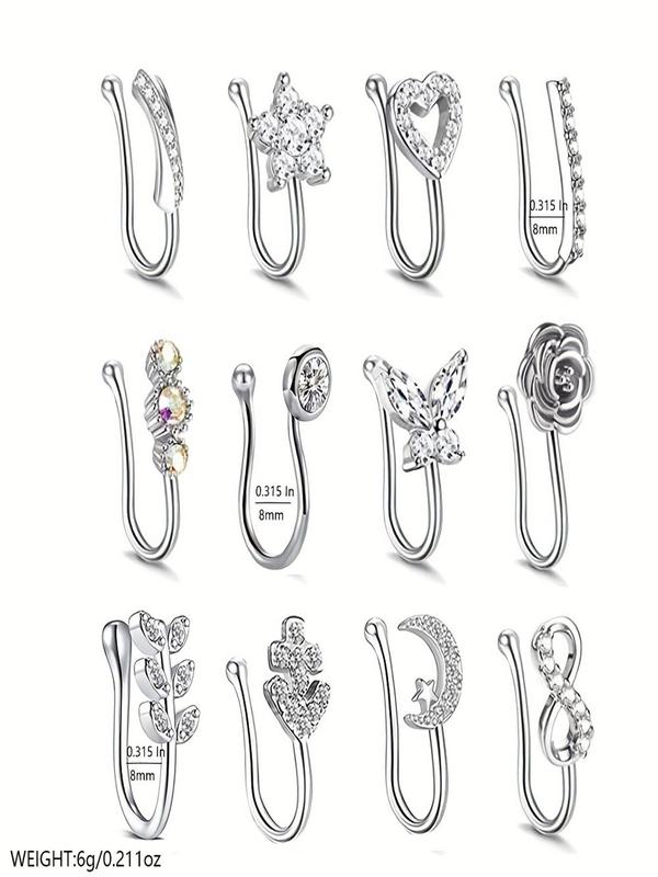 Fashionable Rhinestone Decor Nose Cuff, 12pcs Heart & Star & Leaf & Butterfly Design Non Piercing Nose Ring, Trendy Exquisite Jewelry for Birthday Gift