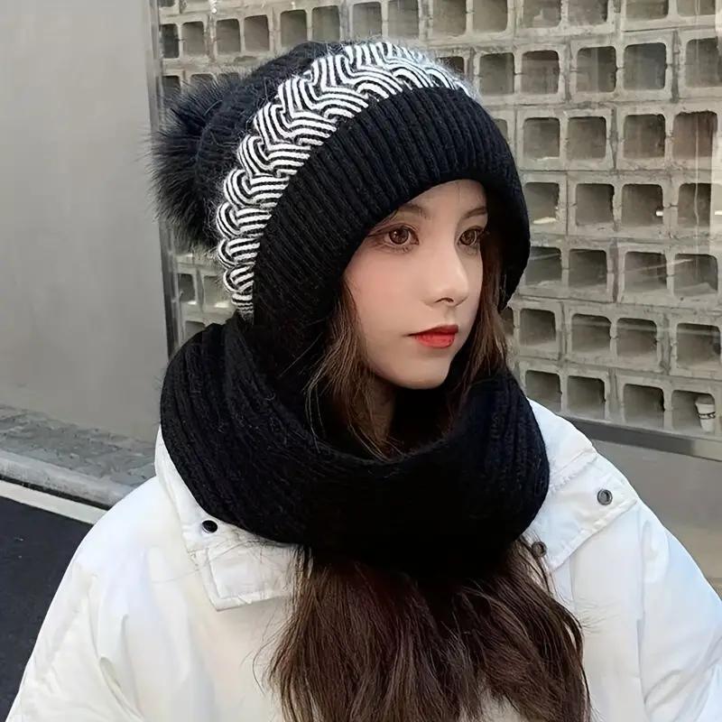 Winter Warm Knit Hat & Scarf Set, Soft Knit Ear Protection Neck Warmer, Multifunctional One-piece Fashion Accessories for Women & Girls, Christmas Gift