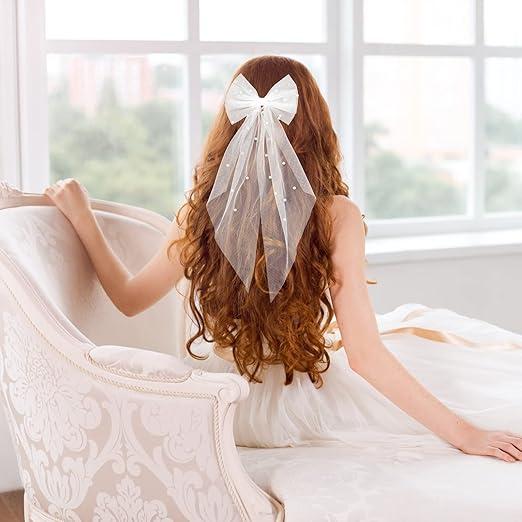 Bridal Hair Bow Veil with Pearl White Wedding Veil with Barrette Short Tulle Hair Accessories for Bachelorette Party Bridal Shower