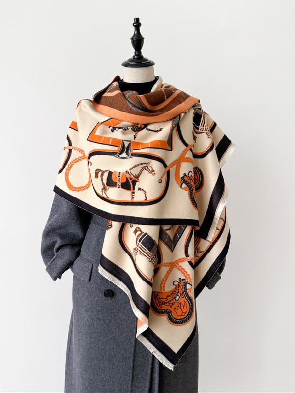 Double Sided Horse Print Tassel Decor Shawl, Casual Warm Long Scarf for Fall & Winter, Fashion Accessories for Women & Men