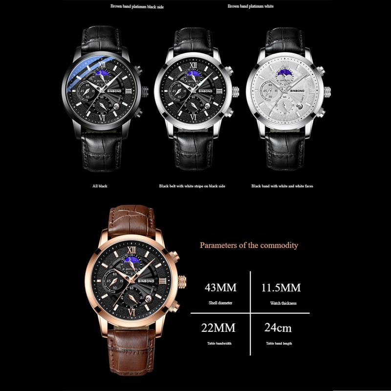 BINBOND Business Outdoor Fashion Waterproof Quartz Men's reloj para hombre s and a cool watches Dial Quartz Watch Men's Round Men's Leather