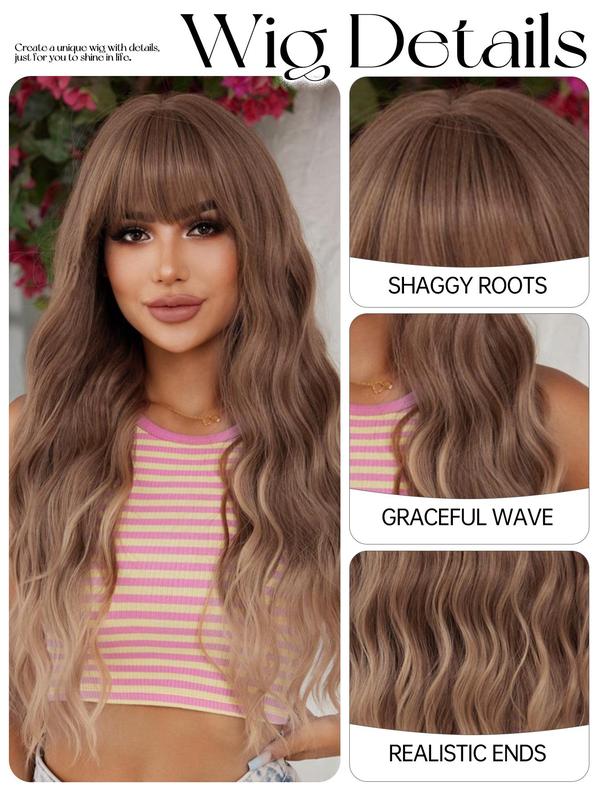 32 Inch Ombre Brown Long Wavy Wigs for Women, Gorgeous Fluffy Wigs with Bangs, Synthetic Full Machine Wigs for Party, Daily Use