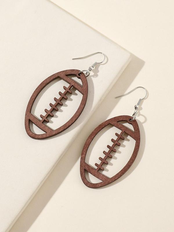 Wooden Football Shaped Dangle Earrings As Gift for Girlfriend, Fall Casual Sports Vintage Jewelry, Trendy Women Accessories for Party and Daily Life, Thoughtful Gift for Her