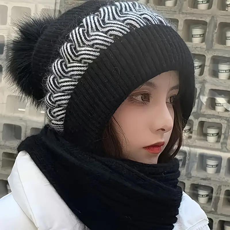 Winter Warm Knit Hat & Scarf Set, Soft Knit Ear Protection Neck Warmer, Multifunctional One-piece Fashion Accessories for Women & Girls, Christmas Gift