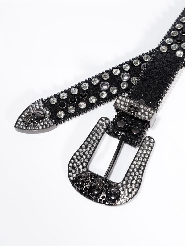 Fashion Rhinestone & Skull Decorated Bling Bling Pu Buckle Designer Belt, 2024 New Trendy Punk Western Belt for Women, Cowgirl Matching Waistband, All-match Cool Female Male Goth Clothes Accessories