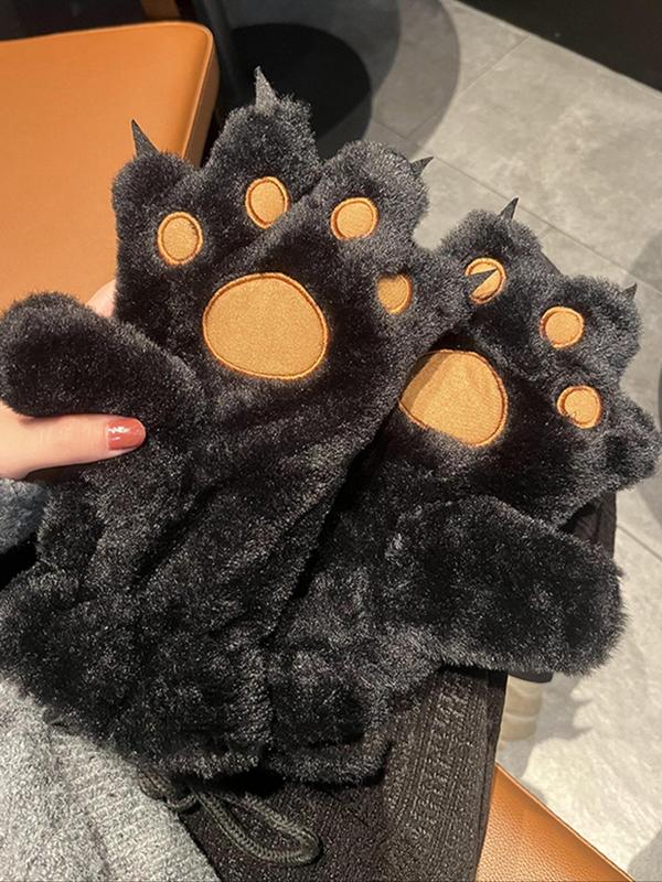 Cute Bear Paw Design Plush Gloves, Colorblock Warm Gloves for Women & Men, Fashion Accessories for Fall & Winter