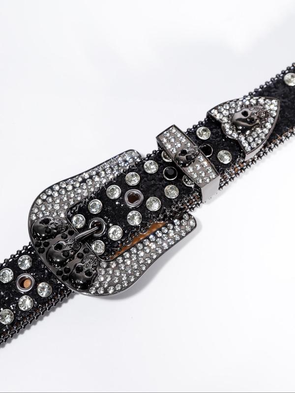 Fashion Rhinestone & Skull Decorated Bling Bling Pu Buckle Designer Belt, 2024 New Trendy Punk Western Belt for Women, Cowgirl Matching Waistband, All-match Cool Female Male Goth Clothes Accessories