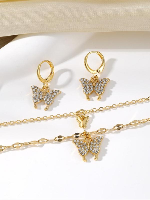 Butterfly Design Rhinestone Decor Adjustable Layered Necklace & Dangle Earrings, Elegant Jewelry Set for Women, Trendy All-match & Exquisite Jewelry As Gift