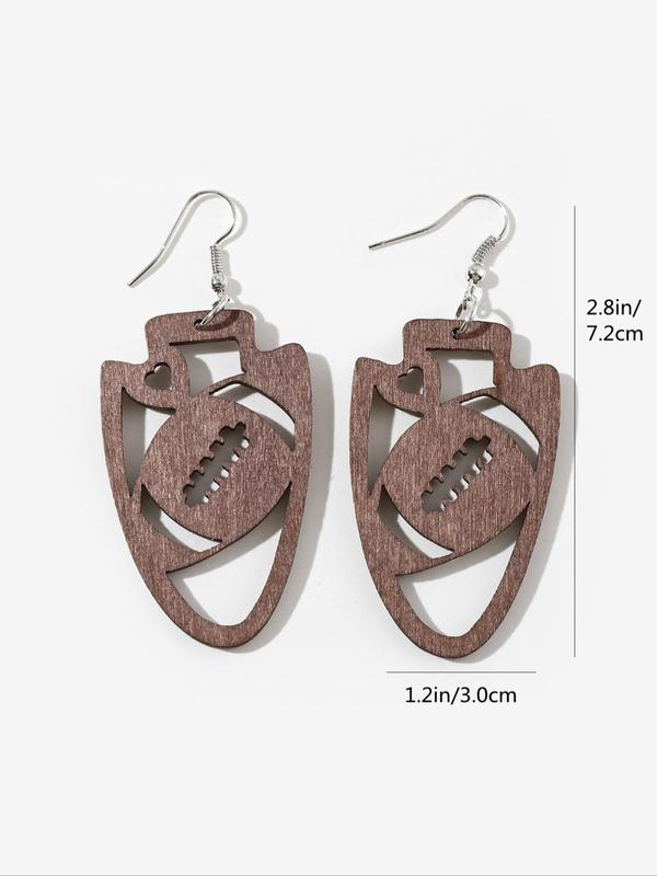 Wooden Football Shaped Dangle Earrings As Gift for Girlfriend, Fall Casual Sports Vintage Jewelry, Trendy Women Accessories for Party and Daily Life, Thoughtful Gift for Her