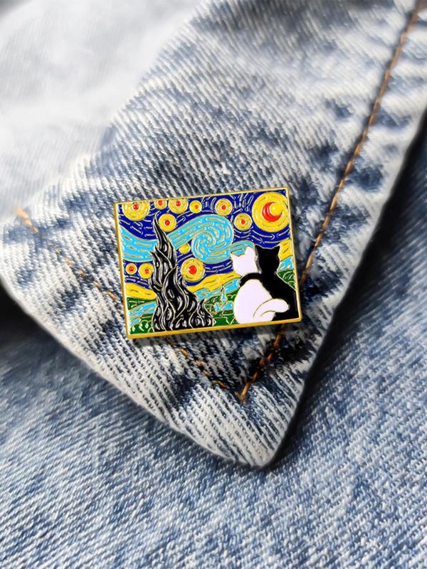 Cartoon Cat & Starry Night Design Brooch, Cute Lovely Clothes Brooch, Fashion Accessories for Women & Men