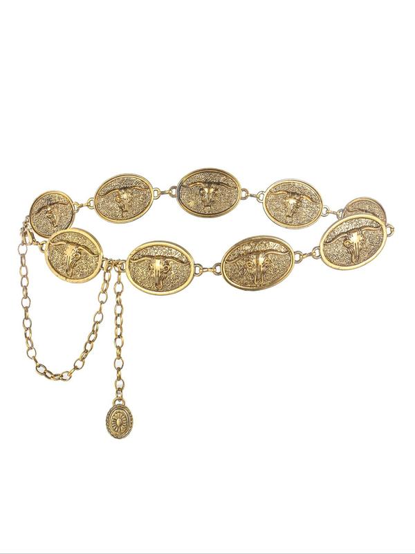 Vintage Oval Shaped Animal Cow Embossed Chain Belt for Women,  Fashion All-match Clothes Accessories