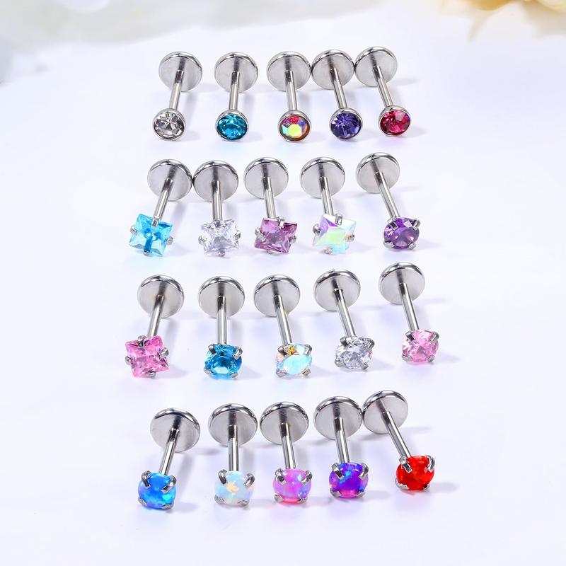 MILACOLATO 20G 18G Threadless Push In Nose Rings Studs 316L Surgical Steel Pushin Nose Stud 3mm Rainbow Crystal Opal Nose Rings Hypoallergenic Nostril Piercing Jewelry for Women Men 20count