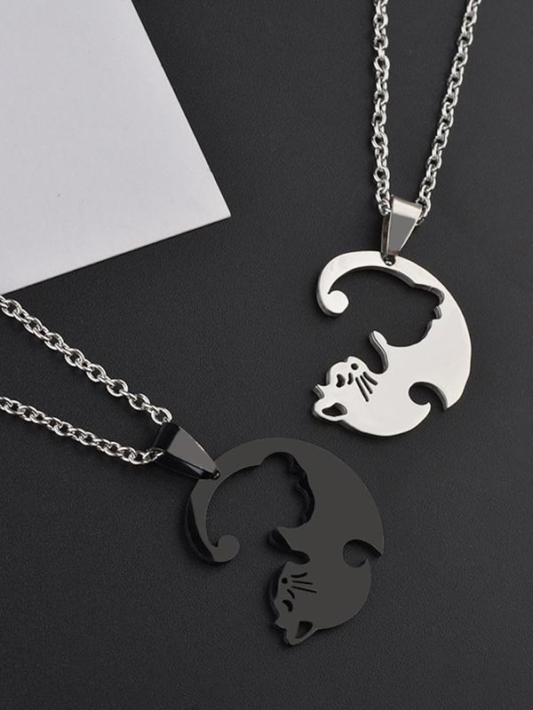 Cute Cat Design Pendant Necklace Set, 2pcs Trendy All-match Stainless Steel Chain Necklace with Animal Theme Pendant for Party, Personalized Fashion Jewelry Accessories for Parties, Clubs, Unisex