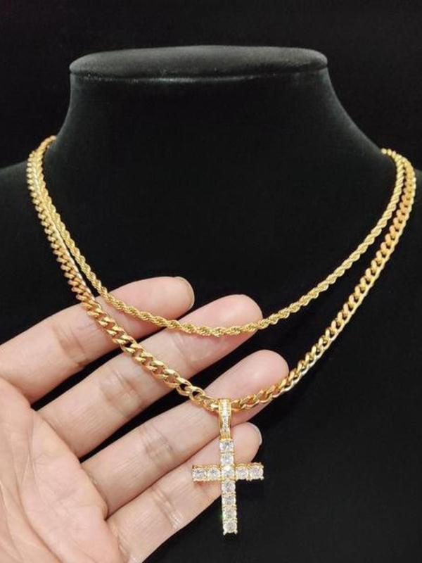 Men's Punk Style Rhinestone Decorated Criss Cross Pendant Necklace & Chain Necklace, Hip Hop Jewelry for Party, Daily Decor, Trendy All-match & Exquisite Jewelry for Birthday Gift