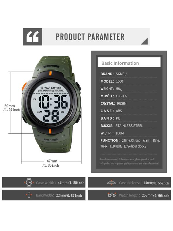 Men's Casual 100M Waterproof Digital Watch, Sportive Wristwatch with Luminous Dial, Trendy Watch for Men As Gift without Box