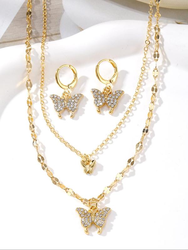 Butterfly Design Rhinestone Decor Adjustable Layered Necklace & Dangle Earrings, Elegant Jewelry Set for Women, Trendy All-match & Exquisite Jewelry As Gift