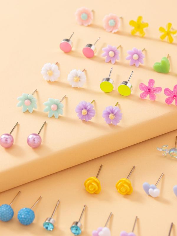 30 Pairs Women's Cute Rhinestone & Faux Pearl Decorated Stud Earrings, Heart & Flower & Bowknot Design Stud Earrings, Fashionable Jewelry For Women & Girls For Daily & Party Decoration